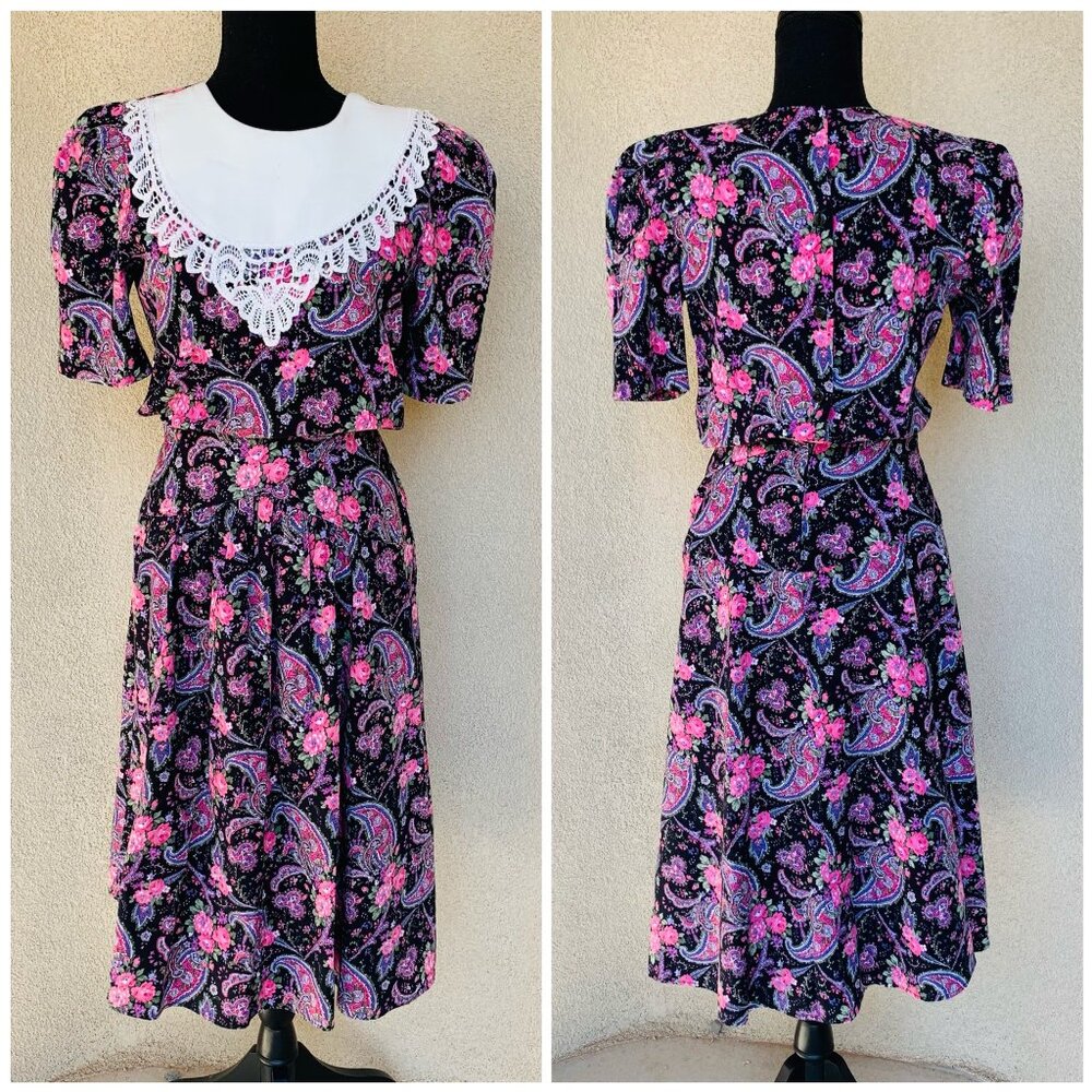 Vintage 1980s Paisley Floral Tea Party Dress